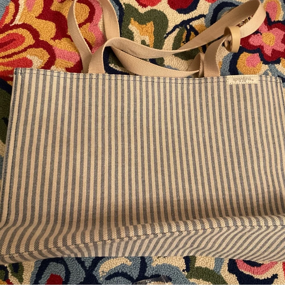 NWOT Spartina 449 Coastal Blue & White Striped Canvas Tote with Mermaid Charm